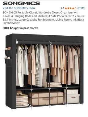 SONGMICS Black Portable Wardrobe Closet Organizer with Cover